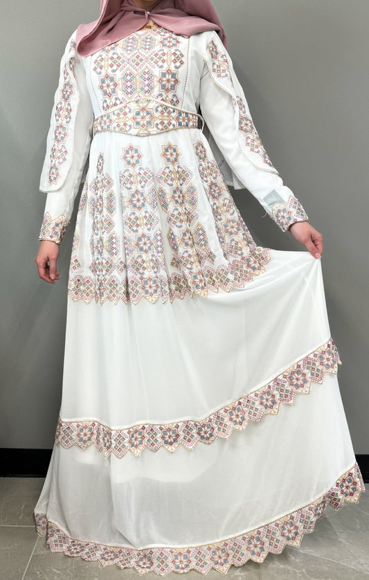 Embroidered Cape Thobe Dress - White