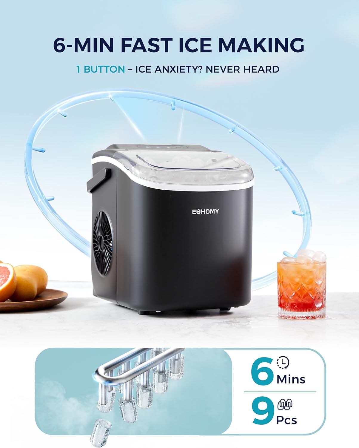 EUHOMY Countertop Ice Maker Machine with Handle