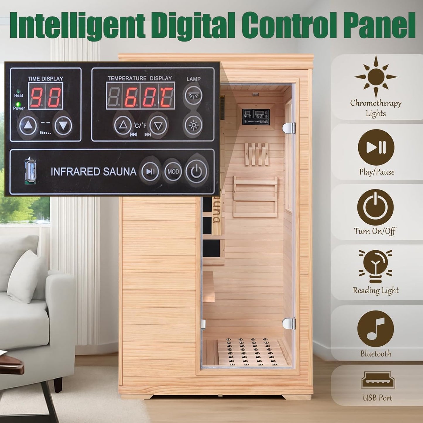 Far Infrared Sauna for 1 Person - 1050W Fast Heating, Canadian