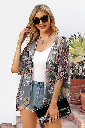 Women's Floral Print Puff Sleeve Kimono Cardigan