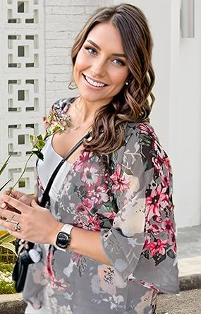 Women's Floral Print Puff Sleeve Kimono Cardigan