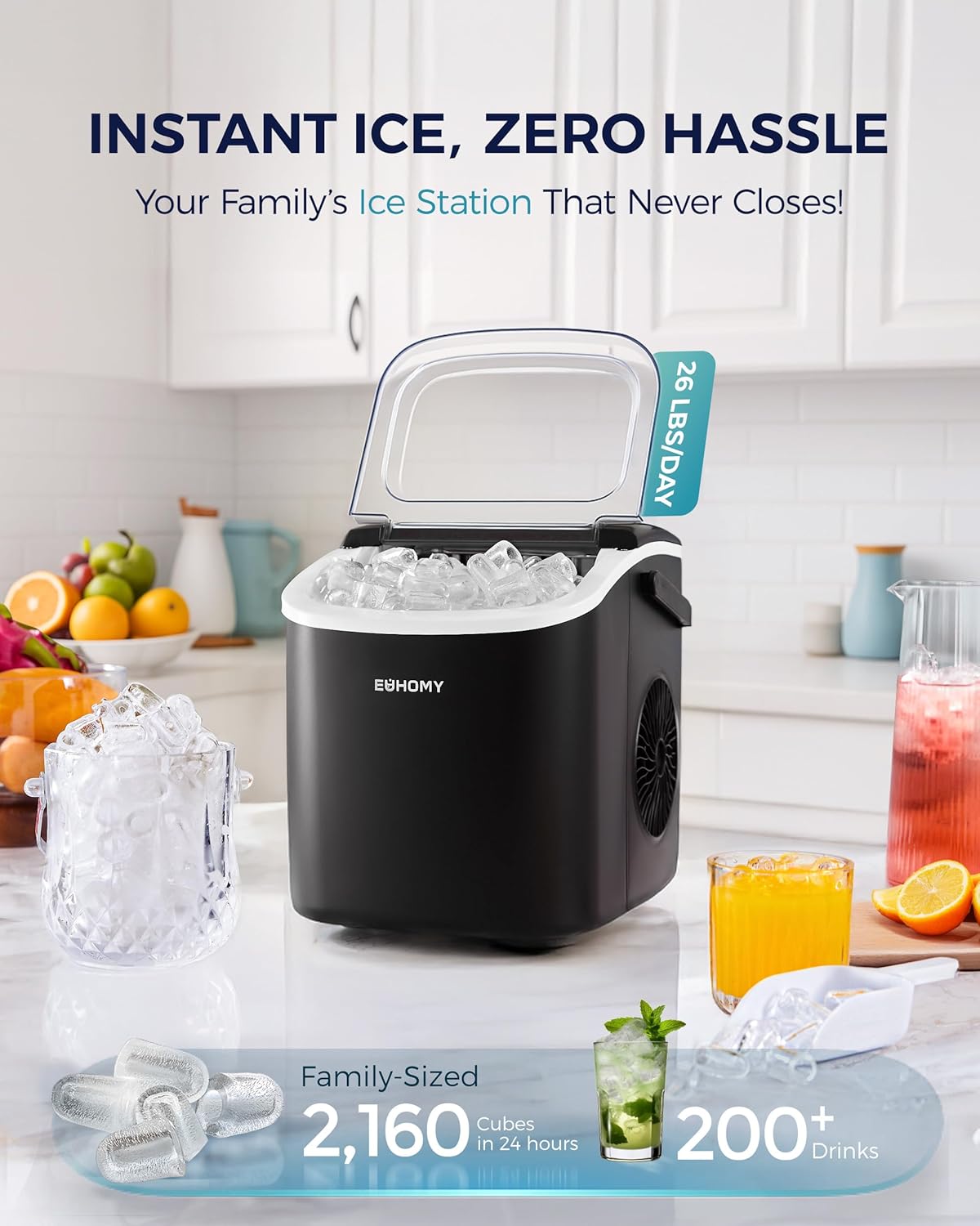 EUHOMY Countertop Ice Maker Machine with Handle
