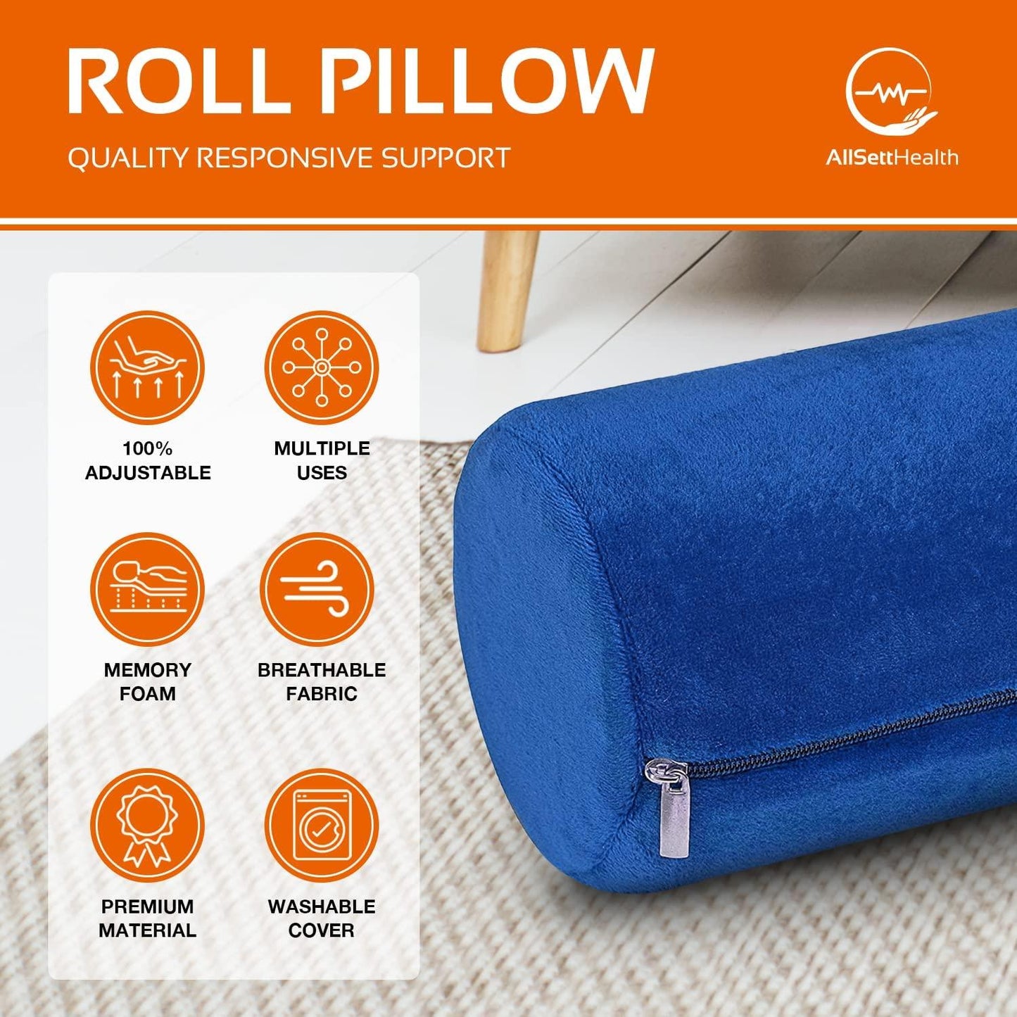 Round Cervical Roll Pillow - Memory Foam, Removable Cover
