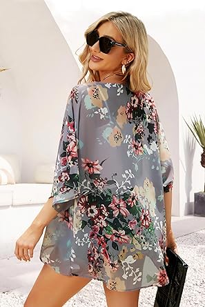 Women's Floral Print Puff Sleeve Kimono Cardigan