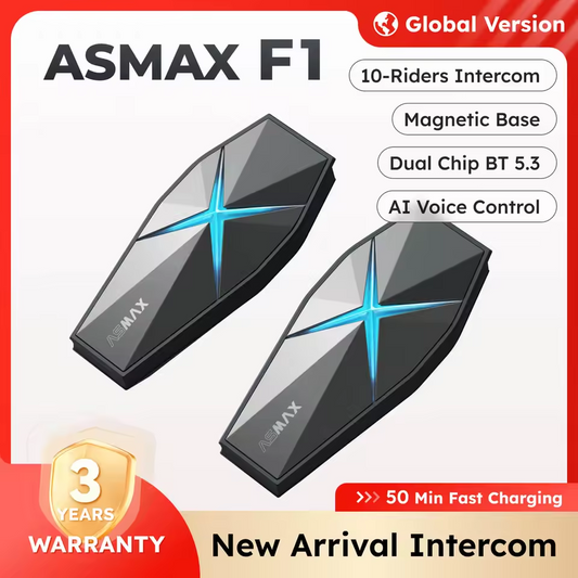 ASMAX F1 Bluetooth Motorcycle Intercom – 10 Riders, BT 5.3, IP67, HiFi Audio