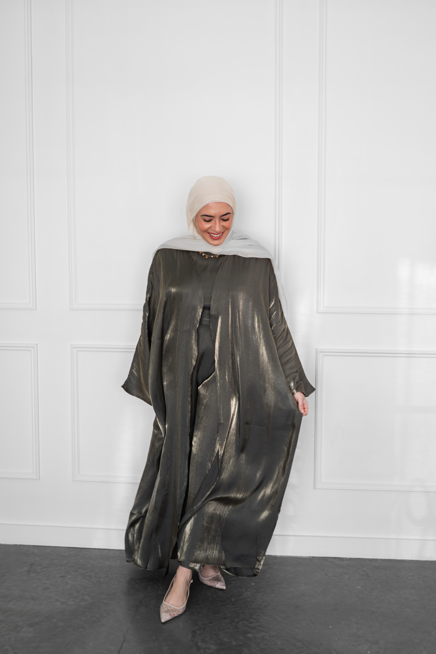 Metallic Open Abaya - Olive