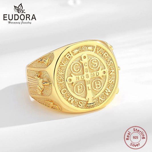 Eudora 925 Sterling Silver Saint Benedict Ring, Adjustable 18K Gold Amulet