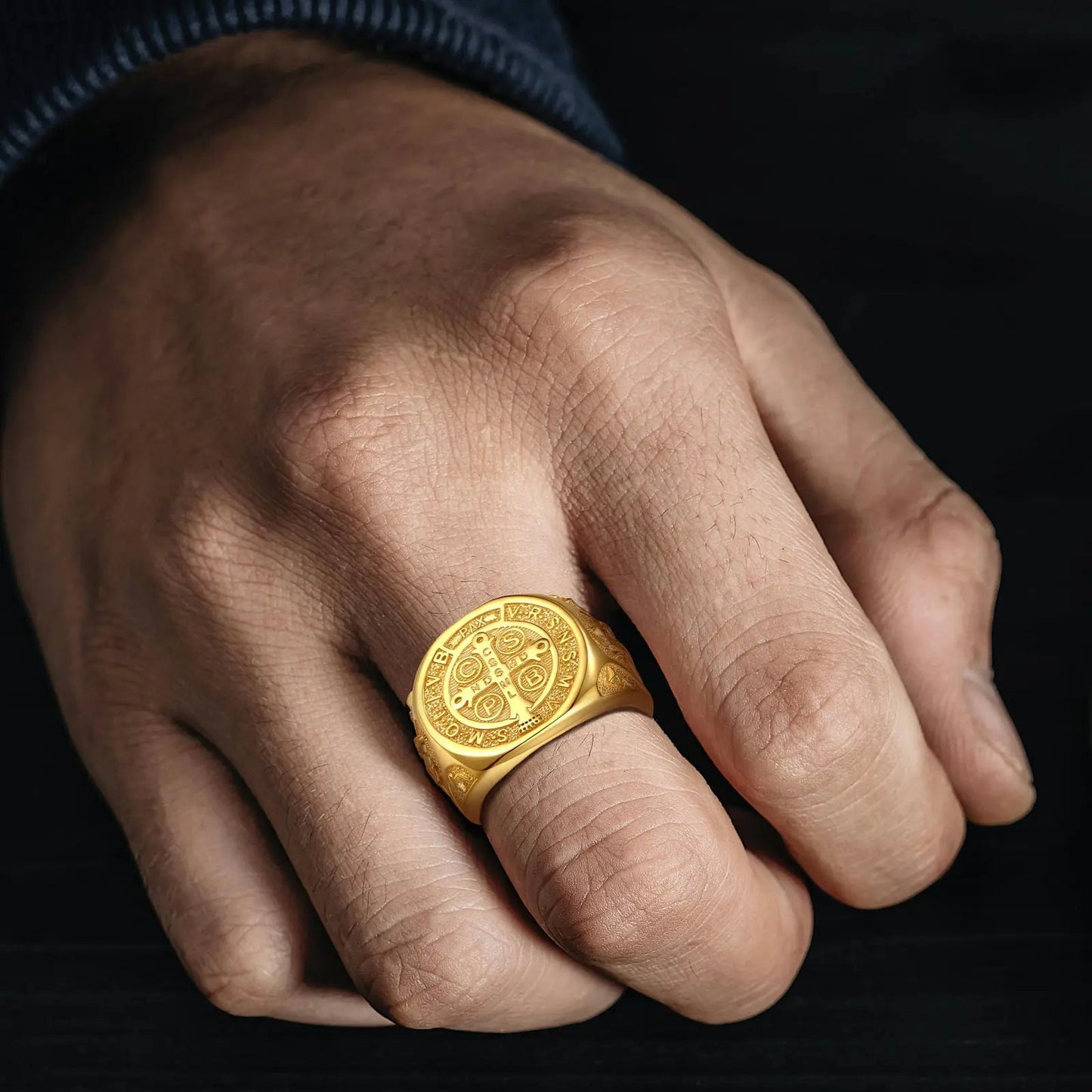 Eudora 925 Sterling Silver Saint Benedict Ring, Adjustable 18K Gold Amulet