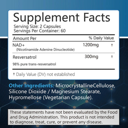 NAD+ Supplements with Resveratrol – 120 Capsules