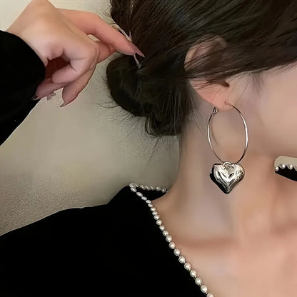 Heart-Shaped Pendant Hollow Hoop Earrings